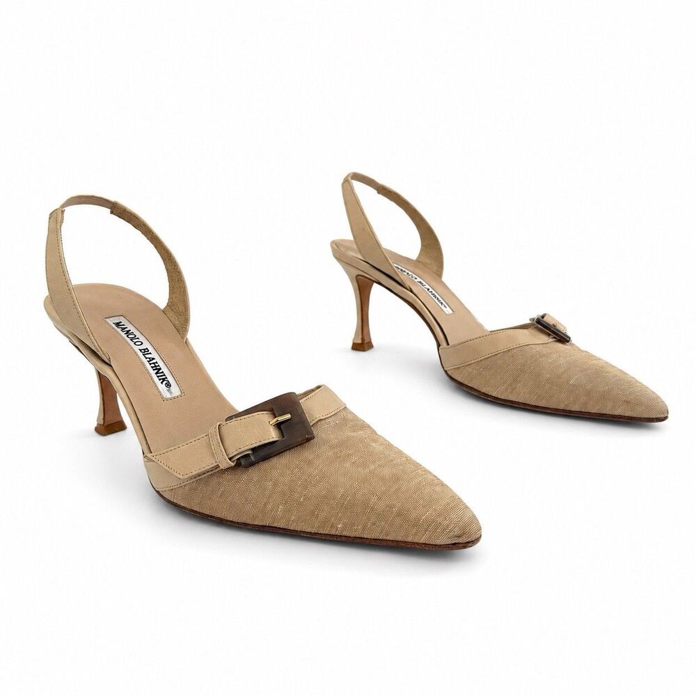Manolo Blahnik Womens 37.5 Beige Slingback Pointed Toe Buckle Kitten Heels